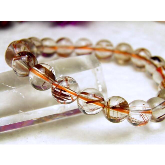 高級1点物 オレンジルチルクォーツブレスレット 9mm玉 NO.6 桐箱付き