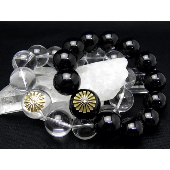 【高品質】超大玉！大迫力な貫入水晶(23mm超)メイン。MIX大玉デザインブレス 選べる2種類 菊紋章金彫り20mm玉 ブレスレット オニキス 水晶 数珠