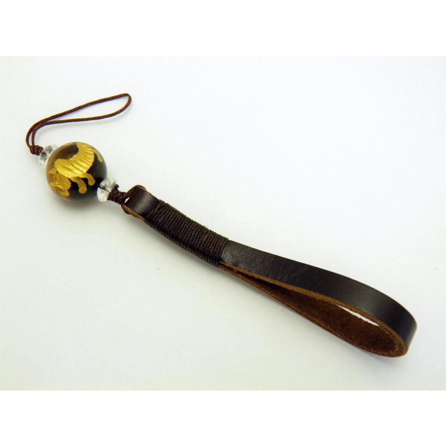 携帯ストラップ 革ひもストラップ 茶ひも 虎 金彫り タイガーアイ