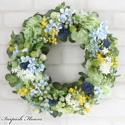 造花 リース 玄関 壁掛け フラワーリース あじさい パステル 豪華 アートフラワー アレンジ おしゃれ W-1069 | 