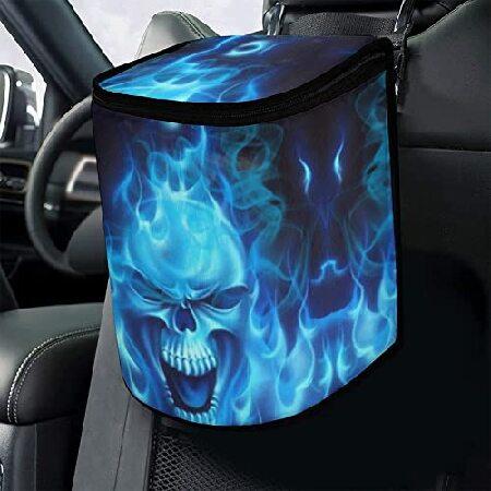 NiuKom 車用ゴミ箱 スカル ブルー 火 車用ゴミ袋 ゴミ箱 蓋付き 漏れ防止 車のゴミかご オーガナイザー ダストビン コンテナ 収納ポケット 後部座席 輸入品 | 