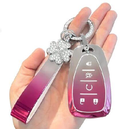 PIFOOG キーフォブカバー シボレー ピンク グラデーション TPU 5ボタン カーキーケース シェル キラキラ キーチェーン プロテクター シボレーエクイ 輸入品 | 