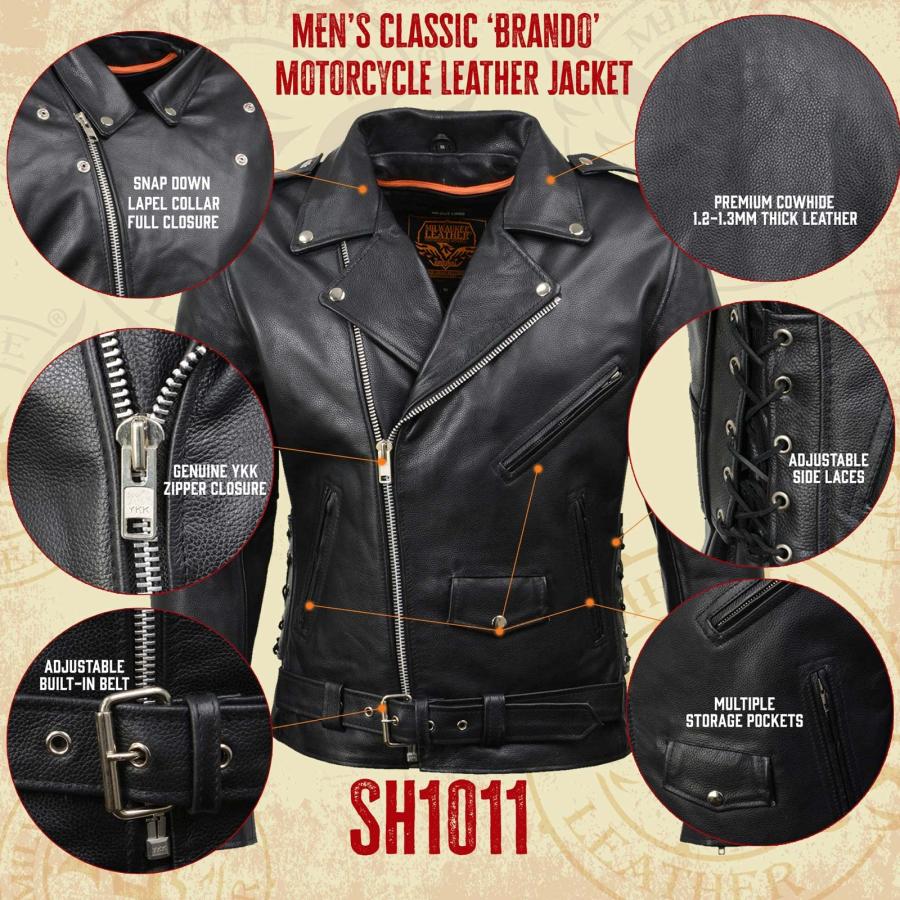 【並行輸入品】Milwaukee Leather SH1011 ブラック クラシック ポリス オートバイジャケット メンズ 牛革 サイドレース付の画像