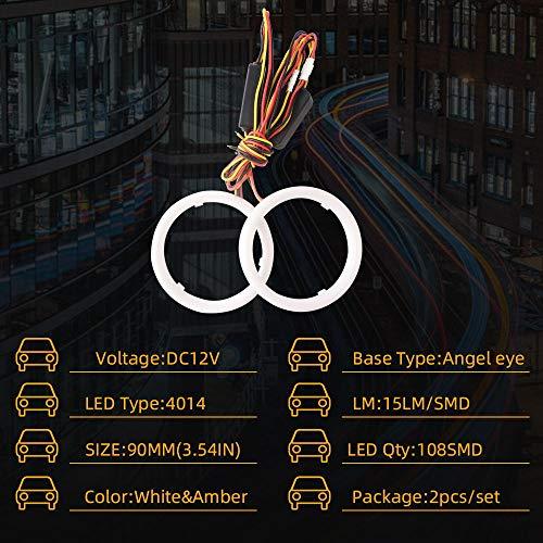 【並行輸入品】Qasim 1ペア 90mm ホワイト+アンバー スイッチバック 108SMD 4014 LED ヘイローリング エンジェルアイの画像