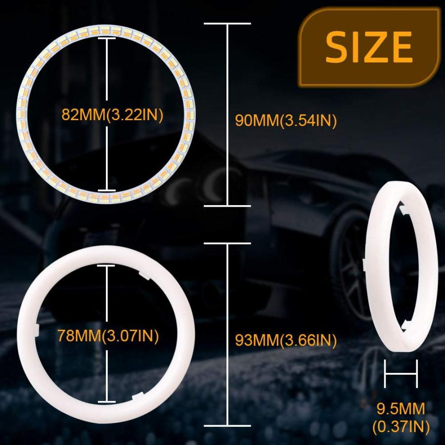 【並行輸入品】Qasim 1ペア 90mm ホワイト+アンバー スイッチバック 108SMD 4014 LED ヘイローリング エンジェルアイの画像
