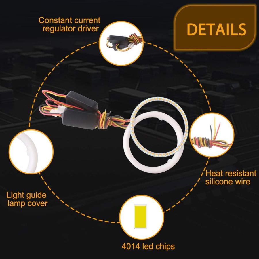 【並行輸入品】Qasim 1ペア 90mm ホワイト+アンバー スイッチバック 108SMD 4014 LED ヘイローリング エンジェルアイの画像