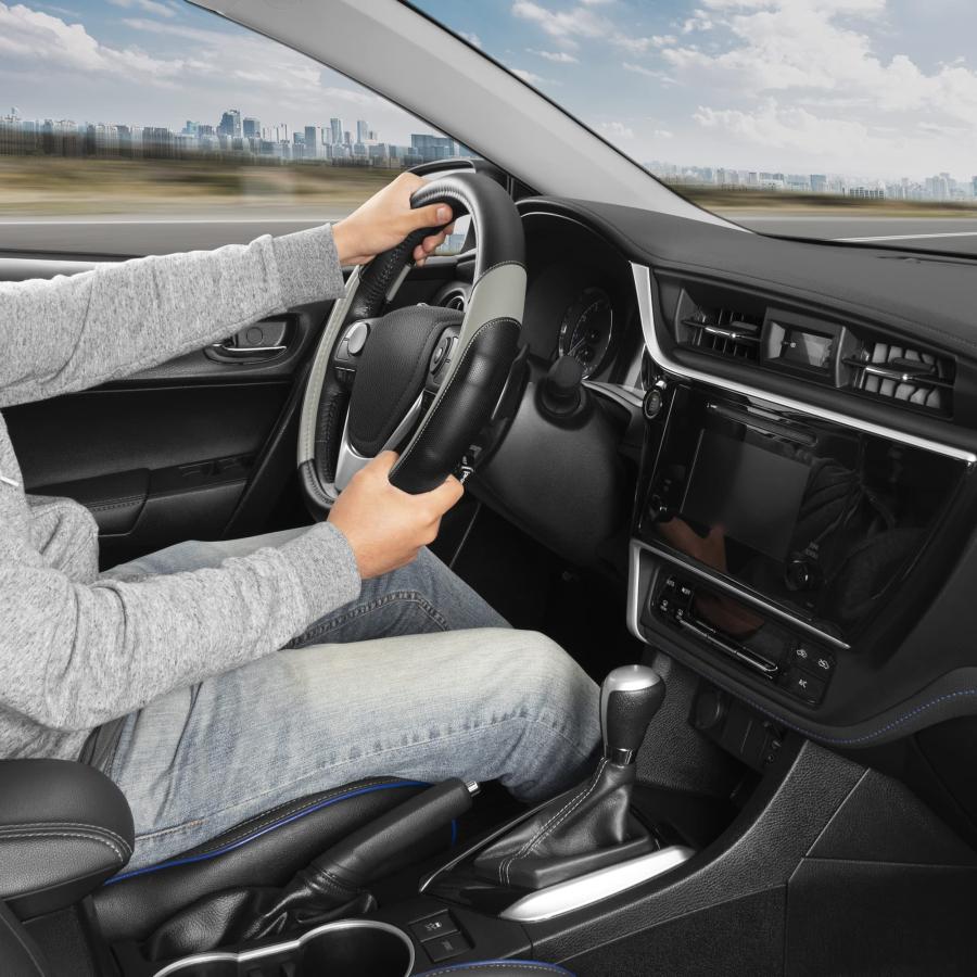 【並行輸入品】Motor Trend SW 814 ライトグレー+ブラック スポーツドライブ 穴あきレザーステアリングカバー コントラストステッの画像