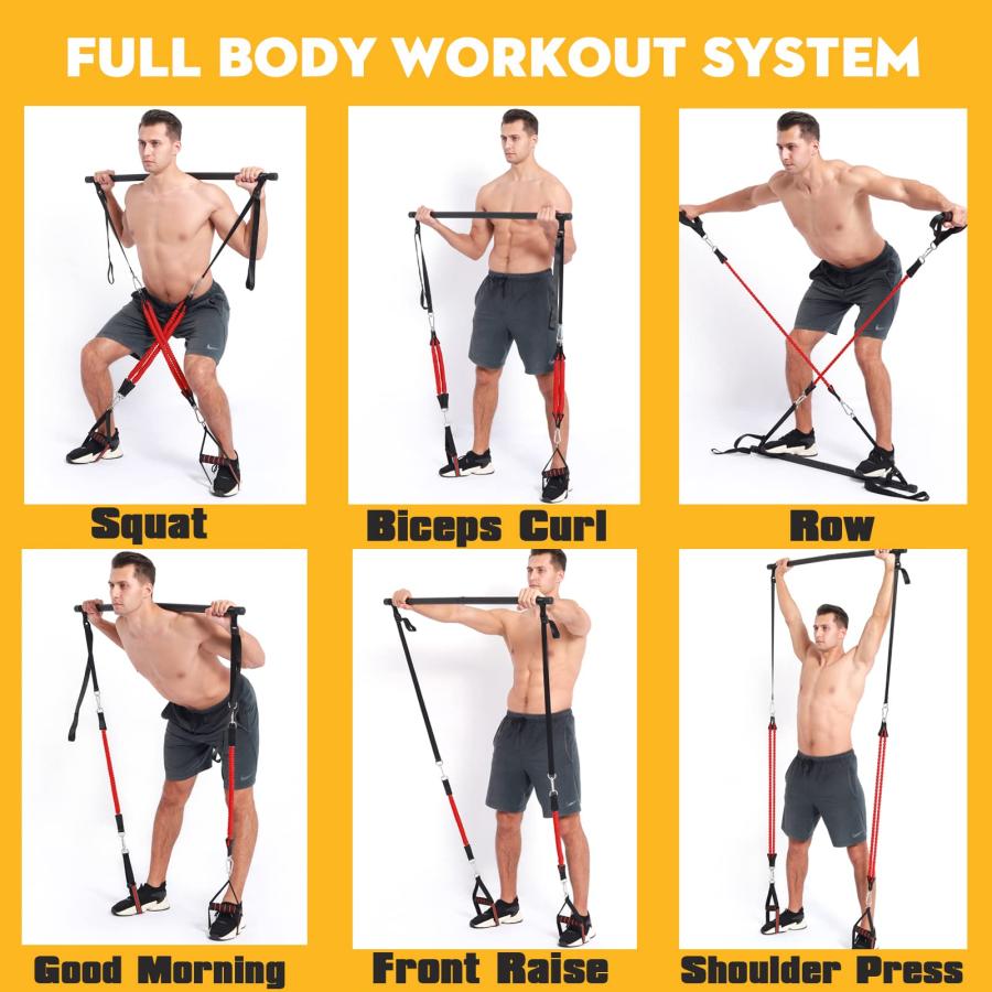 【並行輸入品】Upgraded 60 180LBS Adjustable Pilates Bar Kit with Resistance Ba_3