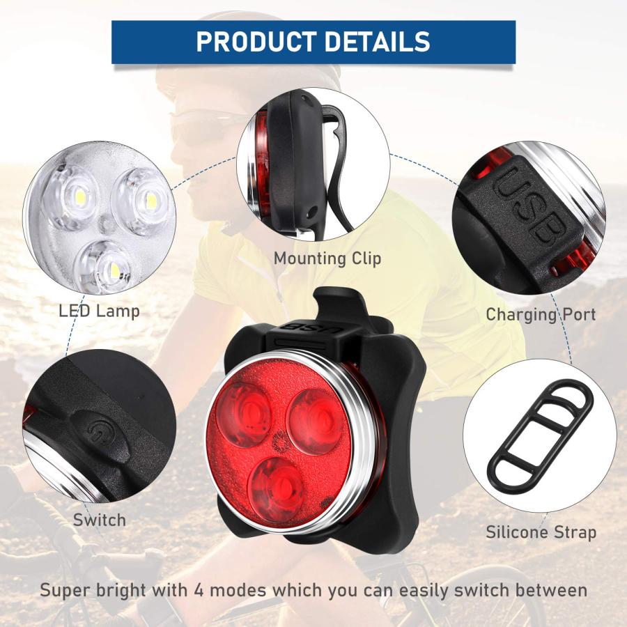 【並行輸入品】LED 自転車ライト 前後 充電式 ブライトバイクライト 自転車ヘッドライト テールライト USBケーブルとマウントストラップ付きの画像