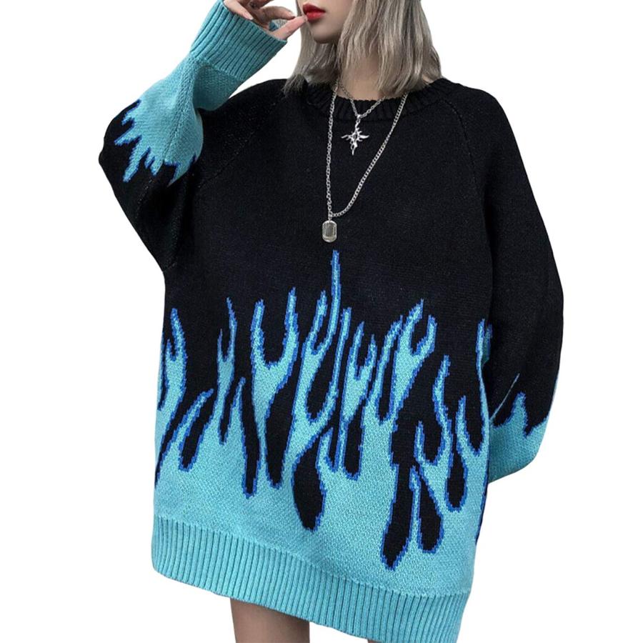 【並行輸入品】Vamtac Women's Long Sleeve Flame Oversized Sweater Color Block Lの画像