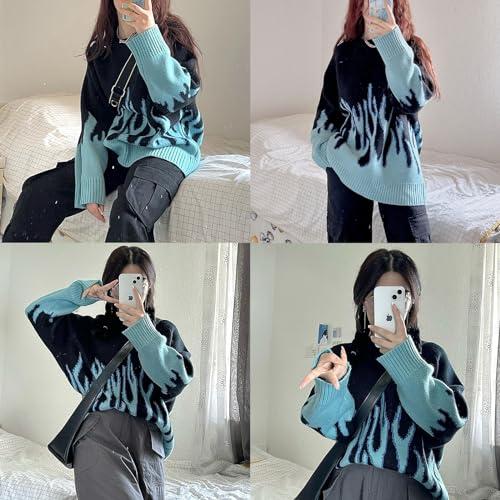 【並行輸入品】Vamtac Women's Long Sleeve Flame Oversized Sweater Color Block Lの画像