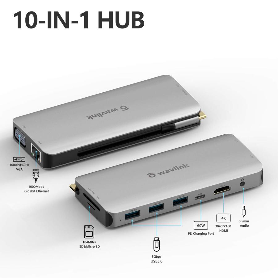 Wavlink USB Cハブ ミニドック USB Cから4K@30Hz HDMI VGAアダプター 3つのUSB 3.0ポート  並行輸入品｜import-tabaido｜07