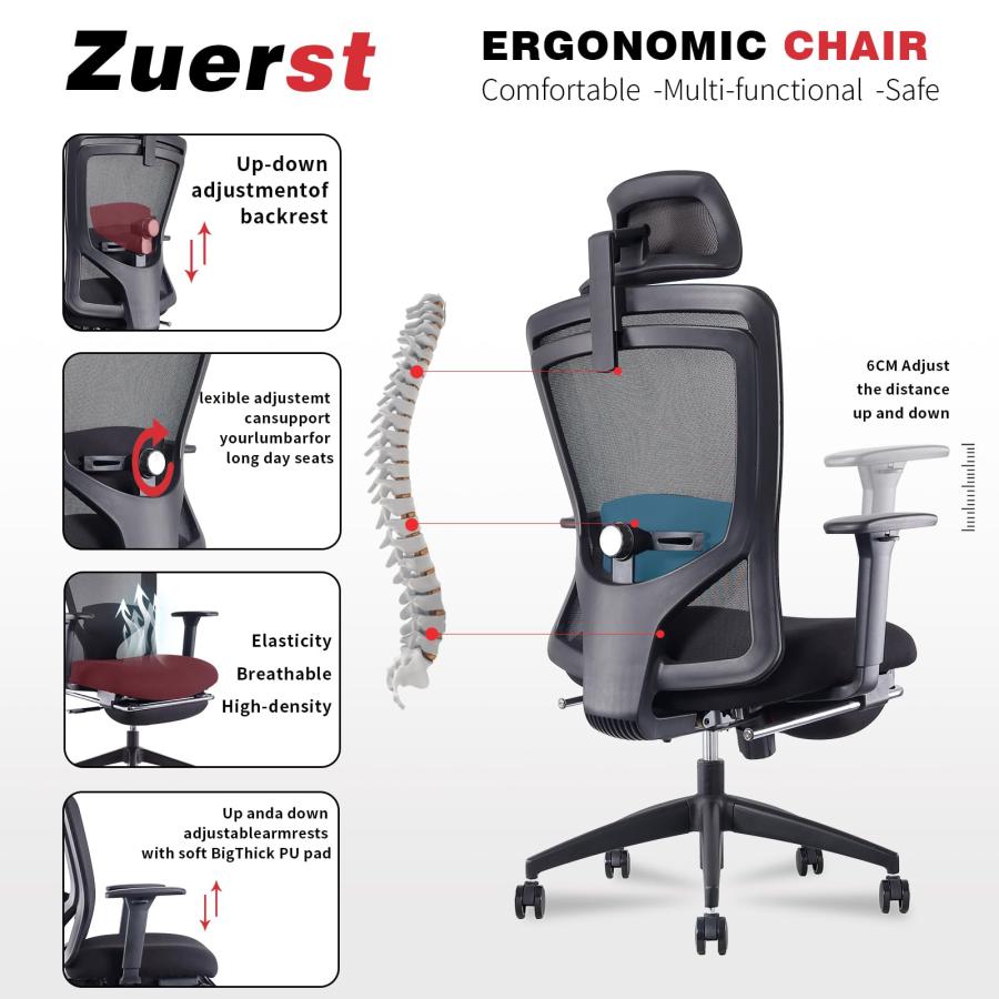 並行輸入品】ZUERST 人間工学オフィスチェア フットレストサポート付き