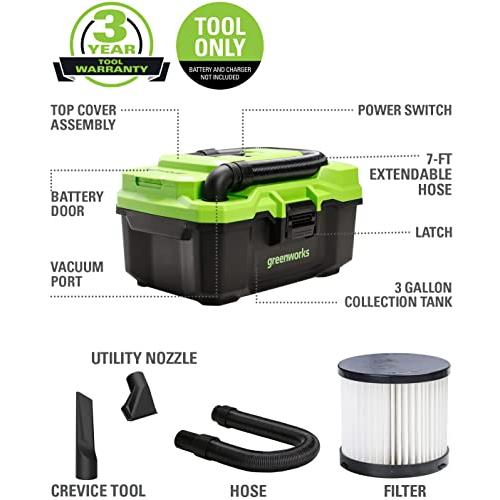 greenworks WDV40B00 3ガロン乾湿両用掃除機バッテリー付 Amazon.com: Greenworks 40V (3 Gallon) Cordless Wet / Dry