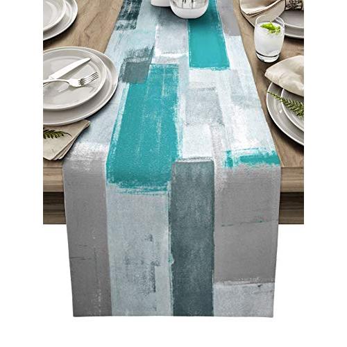 【並行輸入品】テーブルランナー ファームハウススタイル 黄麻布 テーブルランナー 13 x 90インチ シアン ブルー グレー モダン 抽象アー | ブランド登録なし | 01