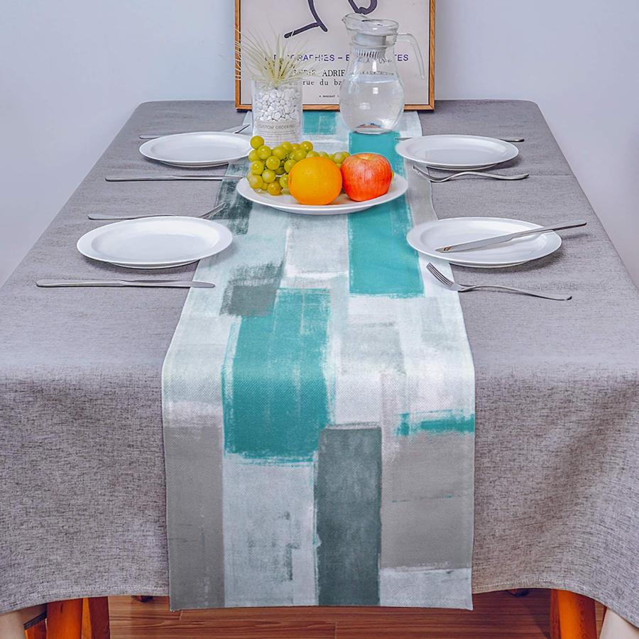 【並行輸入品】テーブルランナー ファームハウススタイル 黄麻布 テーブルランナー 13 x 90インチ シアン ブルー グレー モダン 抽象アー | ブランド登録なし | 06