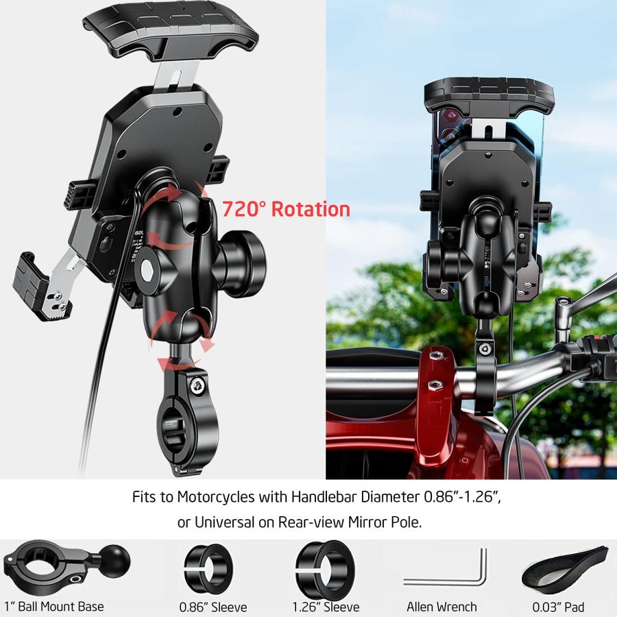 オートバイワイヤレス電話マウント充電器 15W & USB C 5V 3A ハンドルバー 盗難防止ステム電話ホルダー 1インチボー 並行輸入品｜import-tabaido｜10