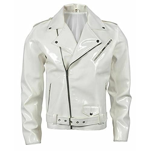 ジャケット・アウター White Single Leather Jacket 並行輸入品】Womens White PVC Leather Jacket Shiny Stylish Cafe