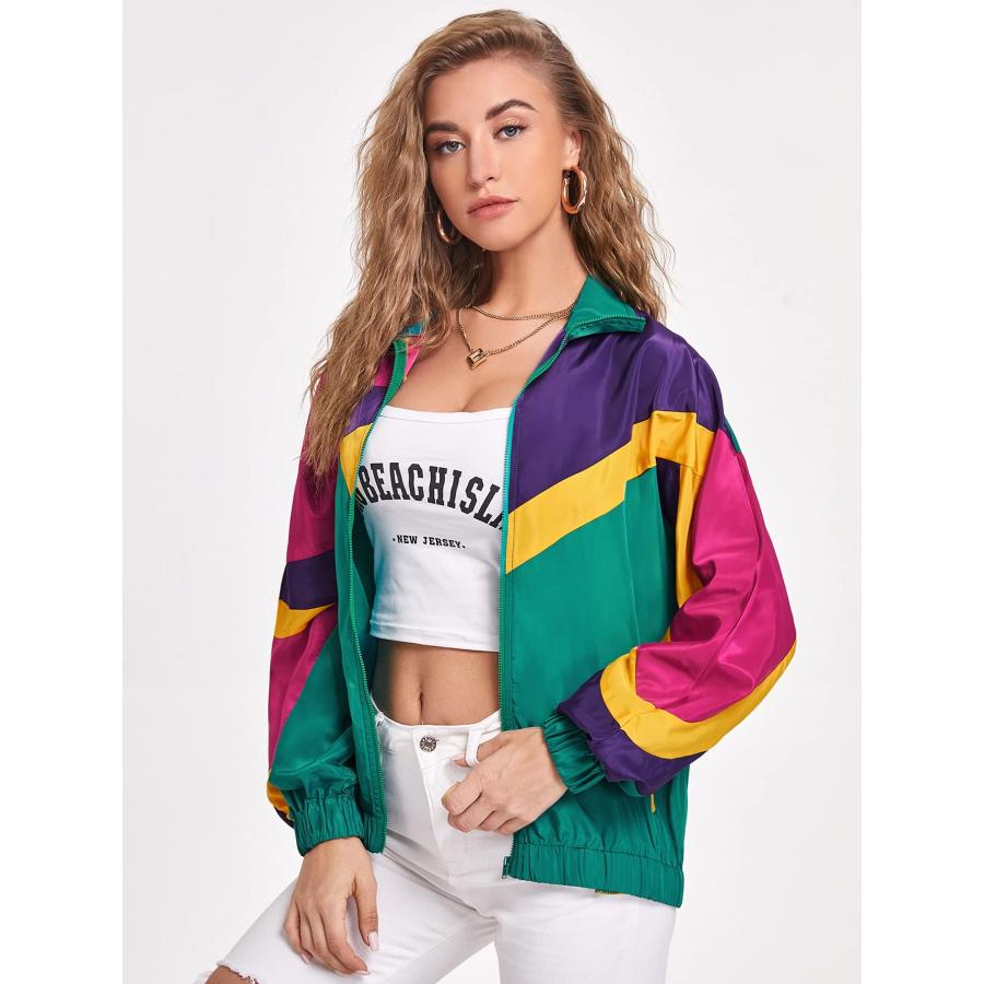 【並行輸入品】Verdusa Women's Colorblock Zip Up Long Sleeve Collar Windbreaker_6