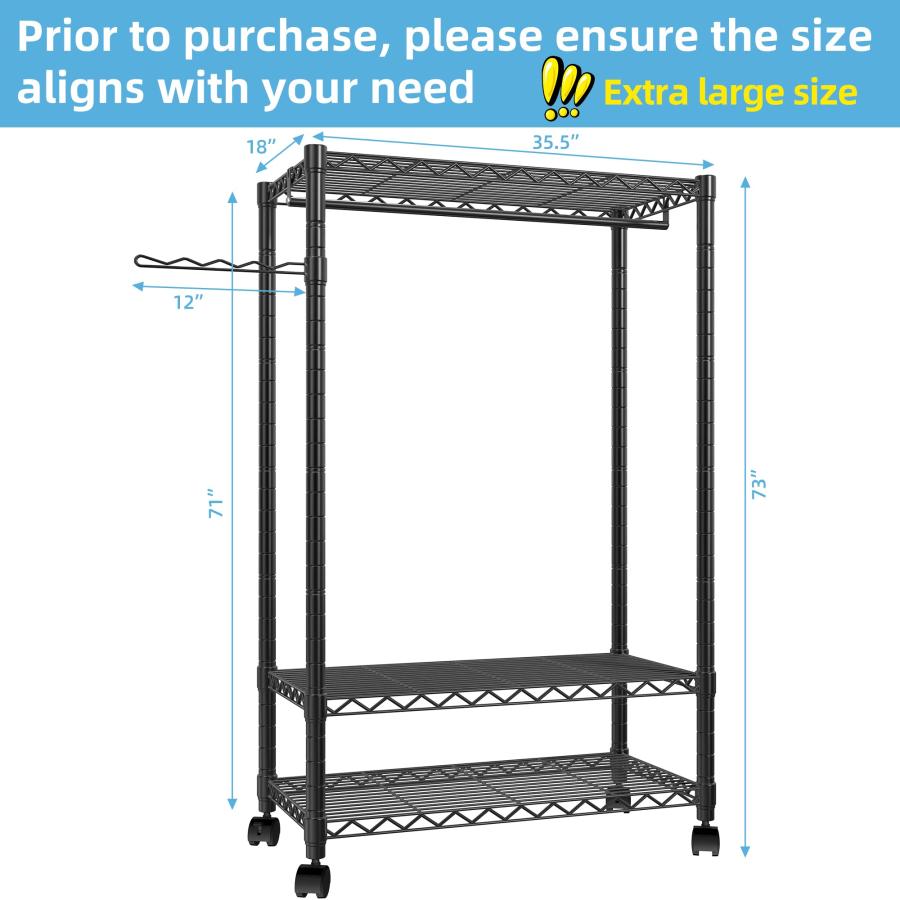 【並行輸入品】PUNION 高耐久衣類ラック 自立型衣類ラック ポータブルクローゼットワードローブ 調節可能なワイヤーシェルフ3個付き サイドフの画像