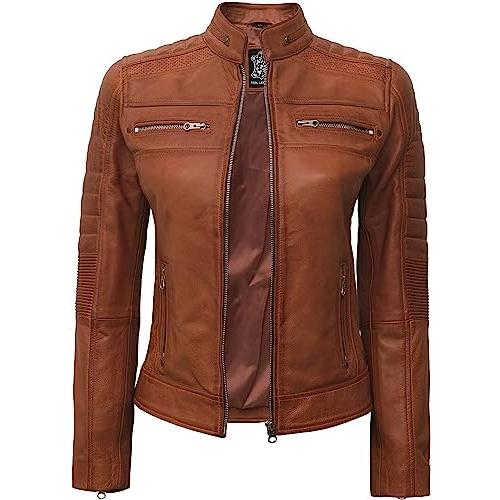 クリアセール Decrum Womens Brown Moto Quilted Leather Jackets | [1313713] Bro 並行輸入品