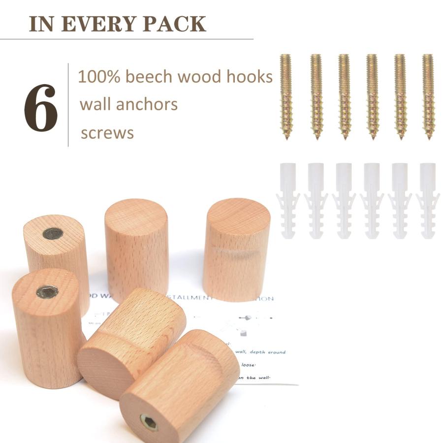 Wall Hooks, 6 Pack Coat Hooks Wall Mounted Natural Wooden 【アルル】 H 並行輸入品