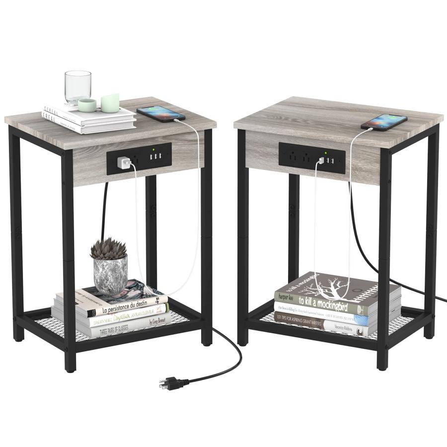 サイドテーブル ダークグレー　コンセント付　２つセット売り 並行輸入品】充電ステーション付きナイトスタンド 2個セット エンド