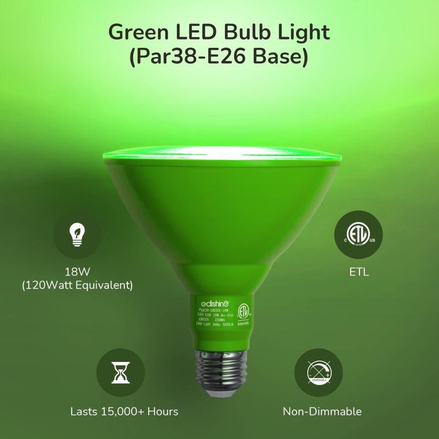 EDISHINE PAR38 Green Flood Light Bulbs Outdoor, Dimmable Green L