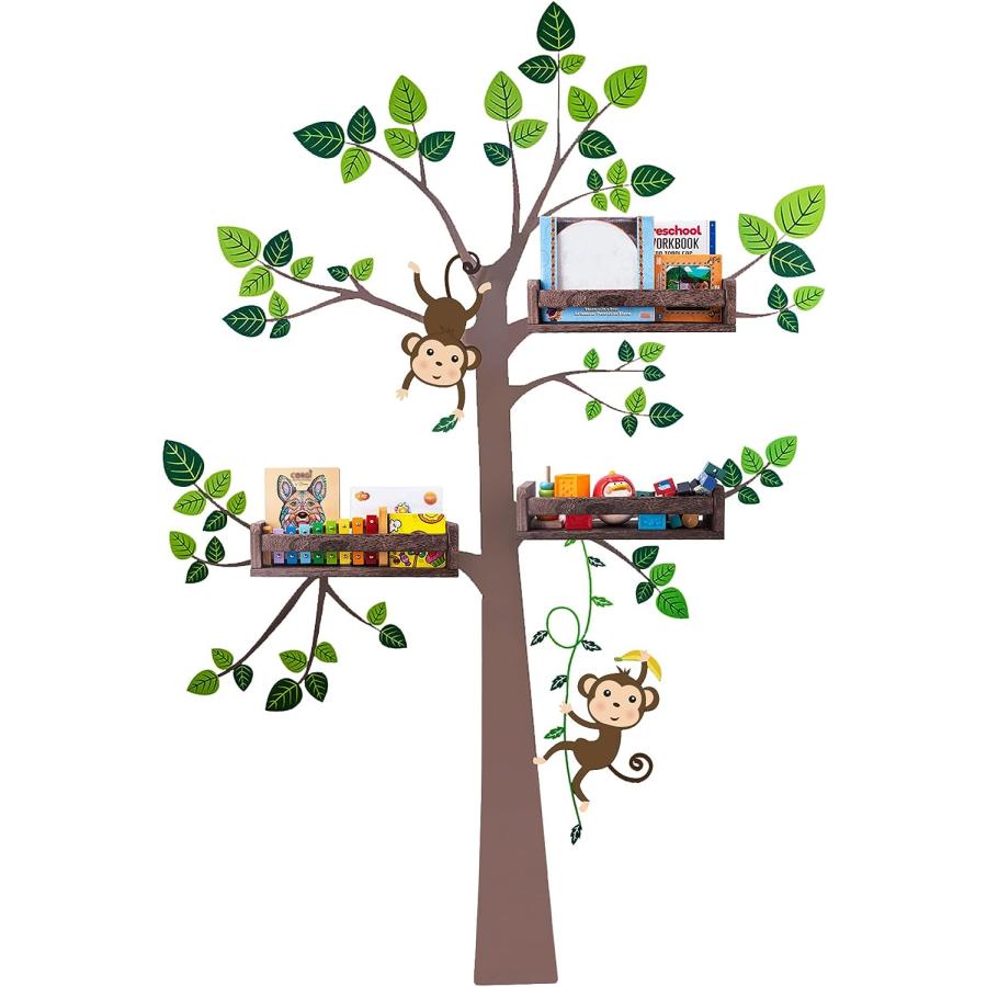Floating Nursery Shelves w/Tree Monkey Sticker Long 16inch Wall