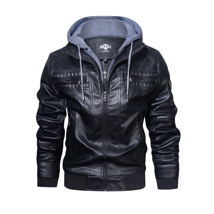 並行輸入品】HOOD CREW Men Faux Leather Jacket with Detachable Hood