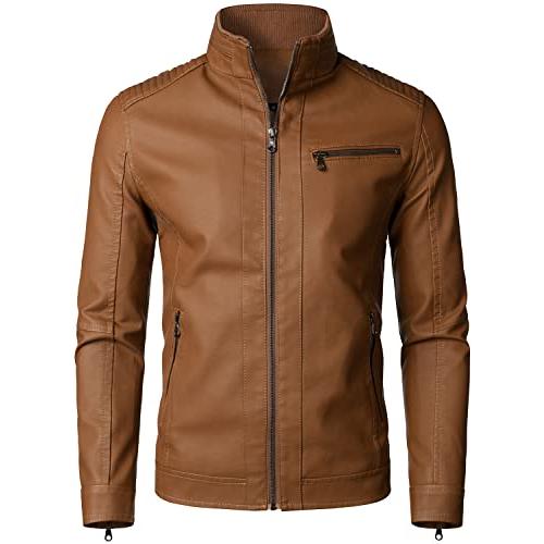 【並行輸入品】HOOD CREW Men’s Classic Zip Up Bomber Faux Leather Jackets Brownの画像