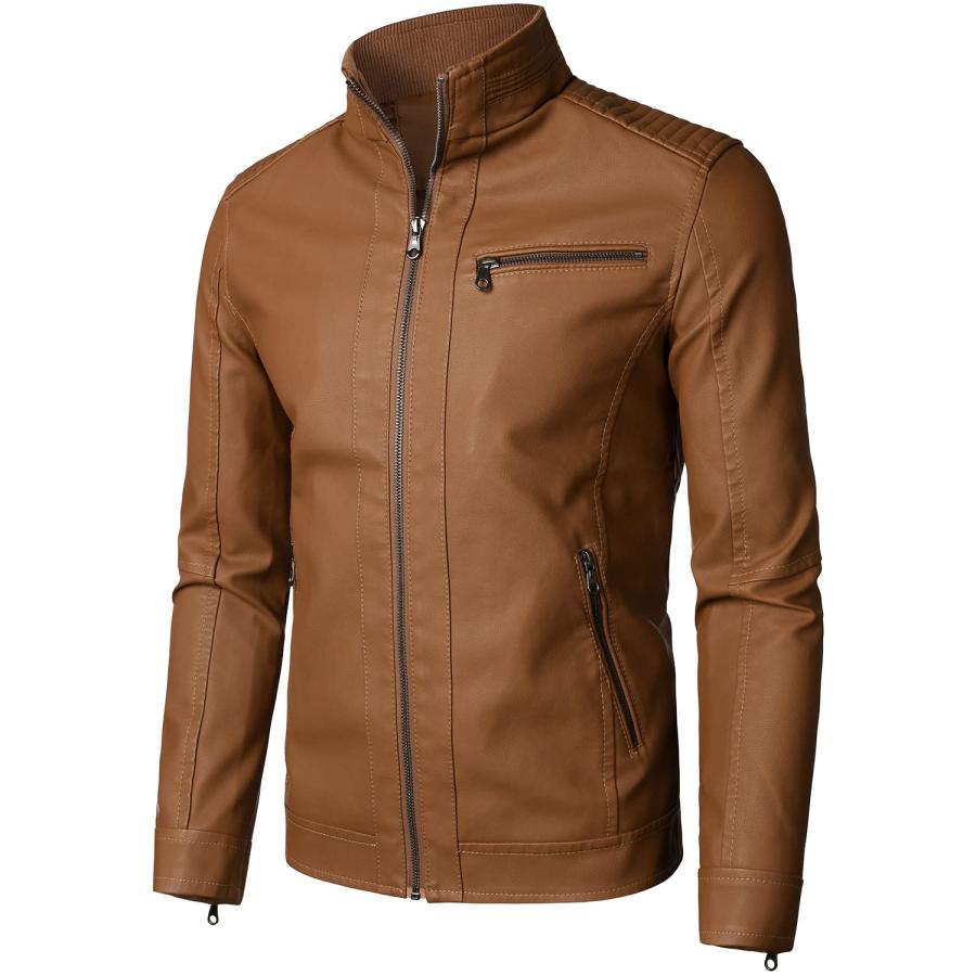 【並行輸入品】HOOD CREW Men’s Classic Zip Up Bomber Faux Leather Jackets Brownの画像