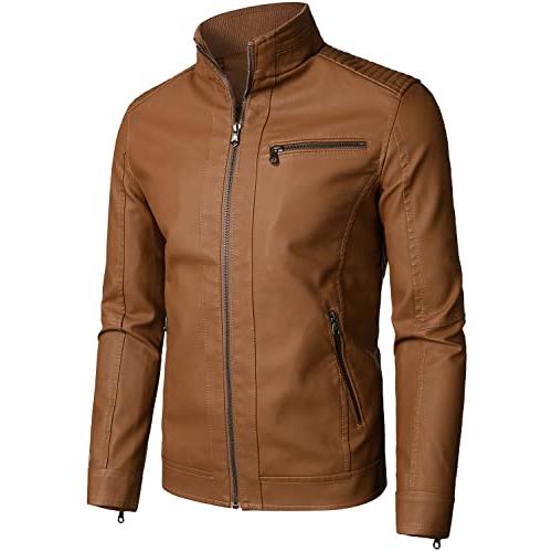 【並行輸入品】HOOD CREW Men’s Classic Zip Up Bomber Faux Leather Jackets Brownの画像