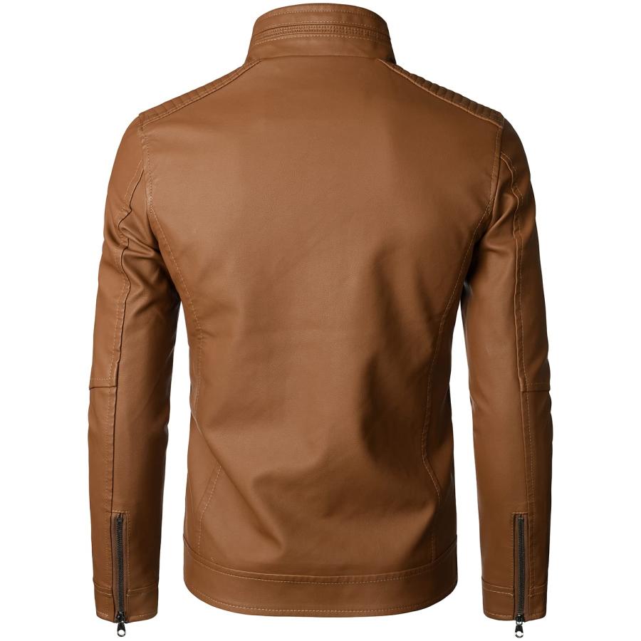 【並行輸入品】HOOD CREW Men’s Classic Zip Up Bomber Faux Leather Jackets Brownの画像
