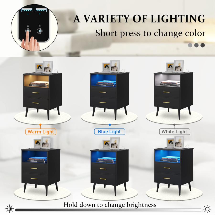 【並行輸入品】Lvifur LEDナイトスタンド 3色 調光機能付き 引き出し2個付き 寝室家具用 モダンエンドサイドテーブル サイドベッドテー_8
