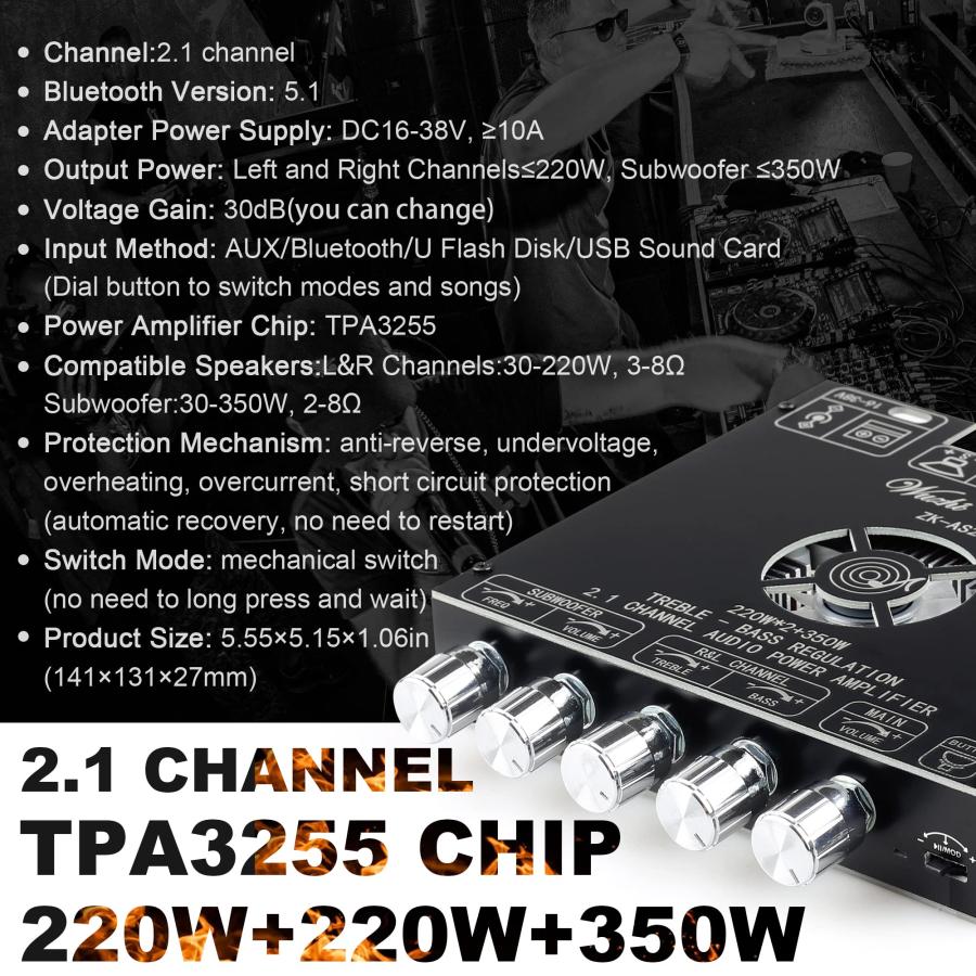 ZK AS21 220W*2+350W 2.1 Bluetooth Power Amplifier Board with TPA 並行輸入品｜import-tabaido｜07