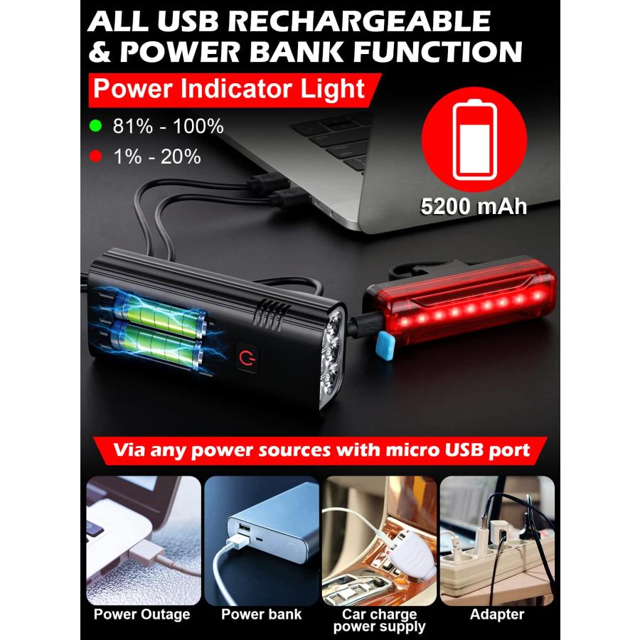 【並行輸入品】9000 Lumens Bike Lights Front and Back for Night Riding， 5200 mA_9