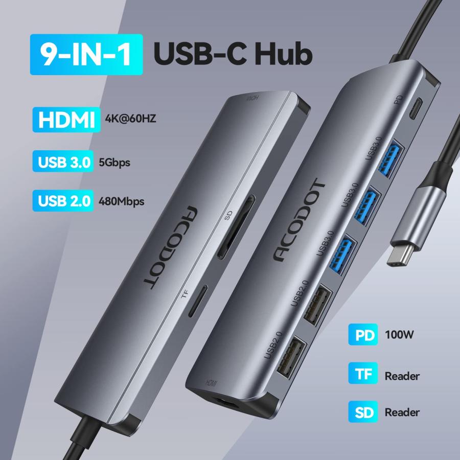 Acodot USB Cハブ 9 IN 1 USB ハブ Type C PD 100W 急速充電   4K@60HZ HDMI ハ 並行輸入品｜import-tabaido｜04