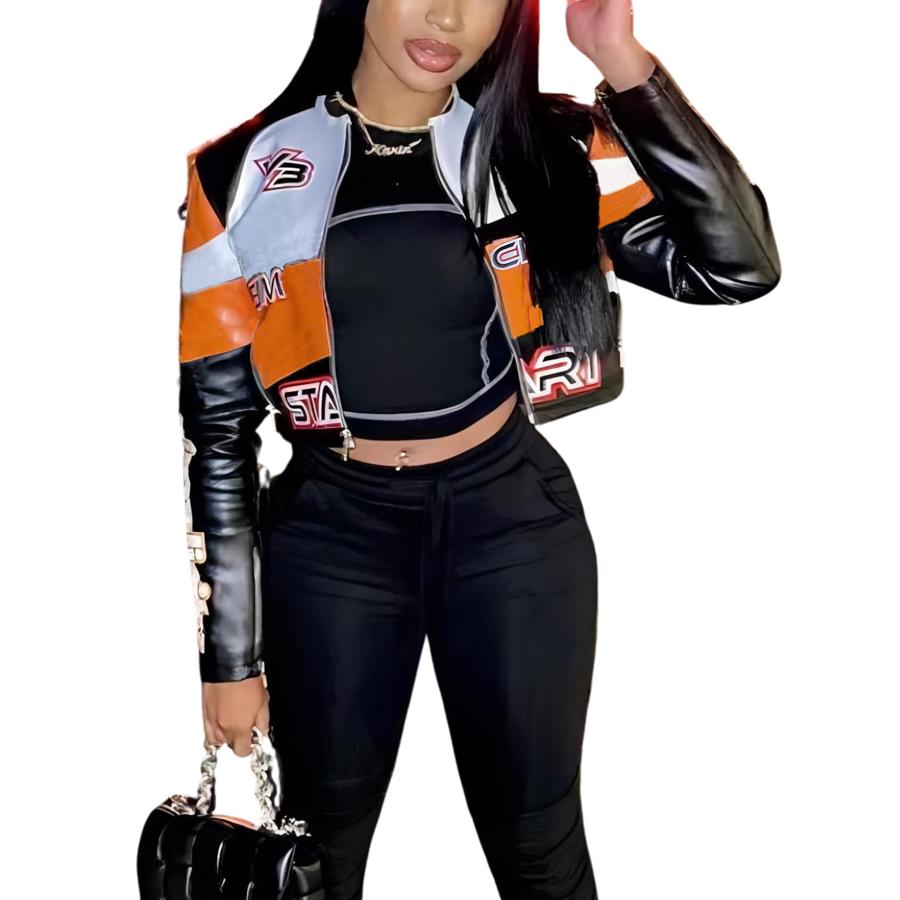 美品　V2 leather jacket 並行輸入品】VOIKERDR Leather Jacket Women Zipper Moto Biker Short