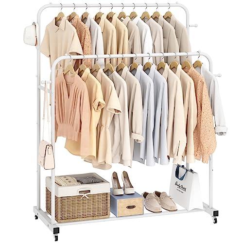 【並行輸入品】Laiensia ダブルロッド 衣類ラック キャスター付き 衣類ラック 衣類掛け用 フック4個 多機能 寝室 衣類ラック ホワイトの画像