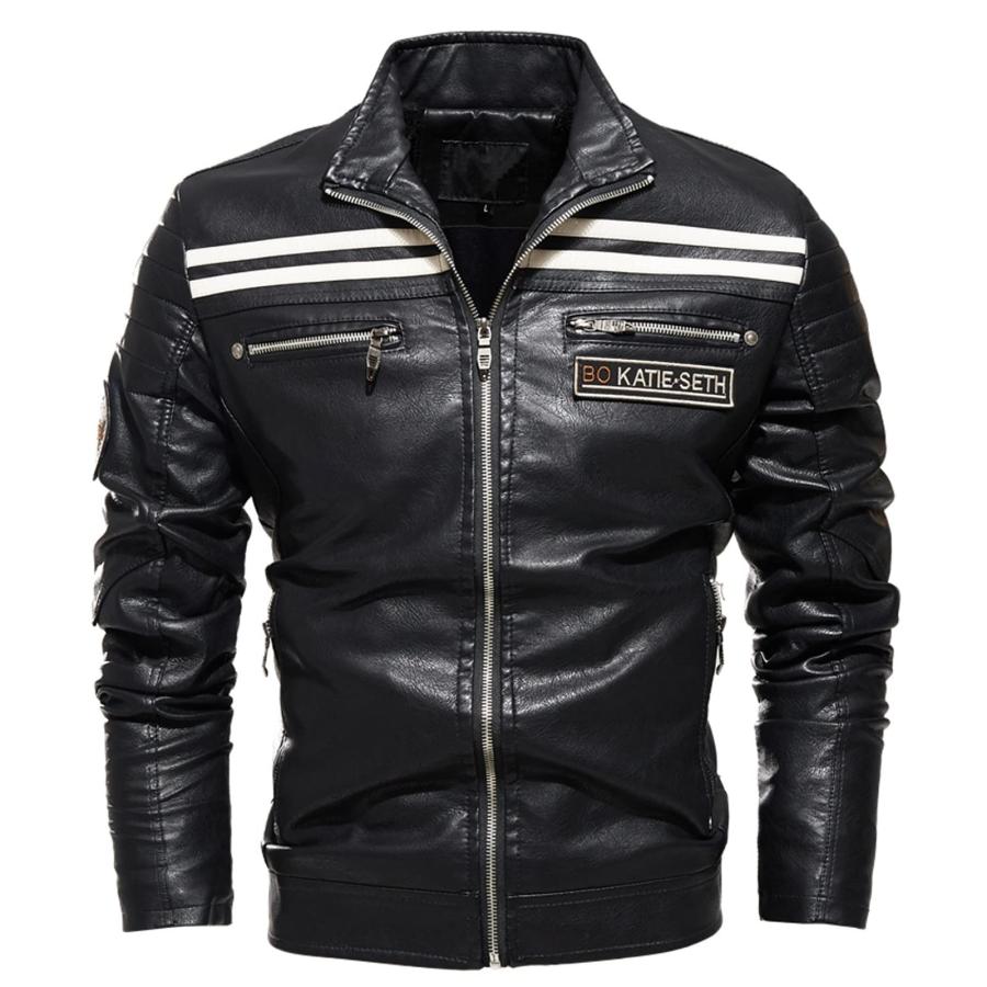 並行輸入品】Red Faux Leather Jacket,Men's Black Side Stitch Cafe