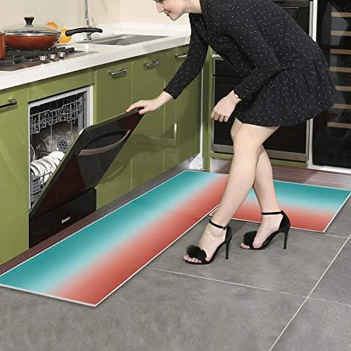 【並行輸入品】Abstract Art Ombre Red Turquoise Kitchen Rugs Set of 2， Washable
