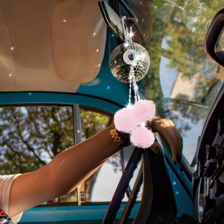 長期在庫品 キラキラ光る車のバックミラー吊り下げアクセサリー キラキラダイヤモンドムーンチャーム ピンクのぬいぐるみボール装飾 ガーリーラッキ 並行輸入品