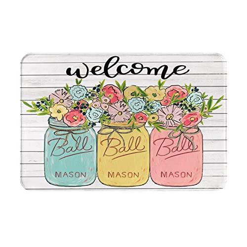 【並行輸入品】Welcome Door Mats Floral Mason Jar Spring Rugs Rug Carpets Bathrの画像
