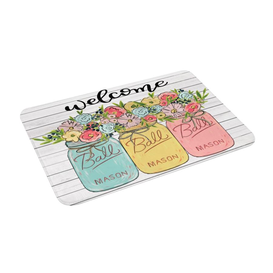 【並行輸入品】Welcome Door Mats Floral Mason Jar Spring Rugs Rug Carpets Bathrの画像