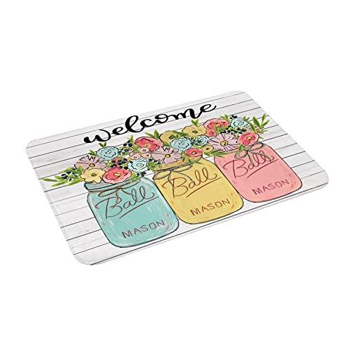 【並行輸入品】Welcome Door Mats Floral Mason Jar Spring Rugs Rug Carpets Bathrの画像