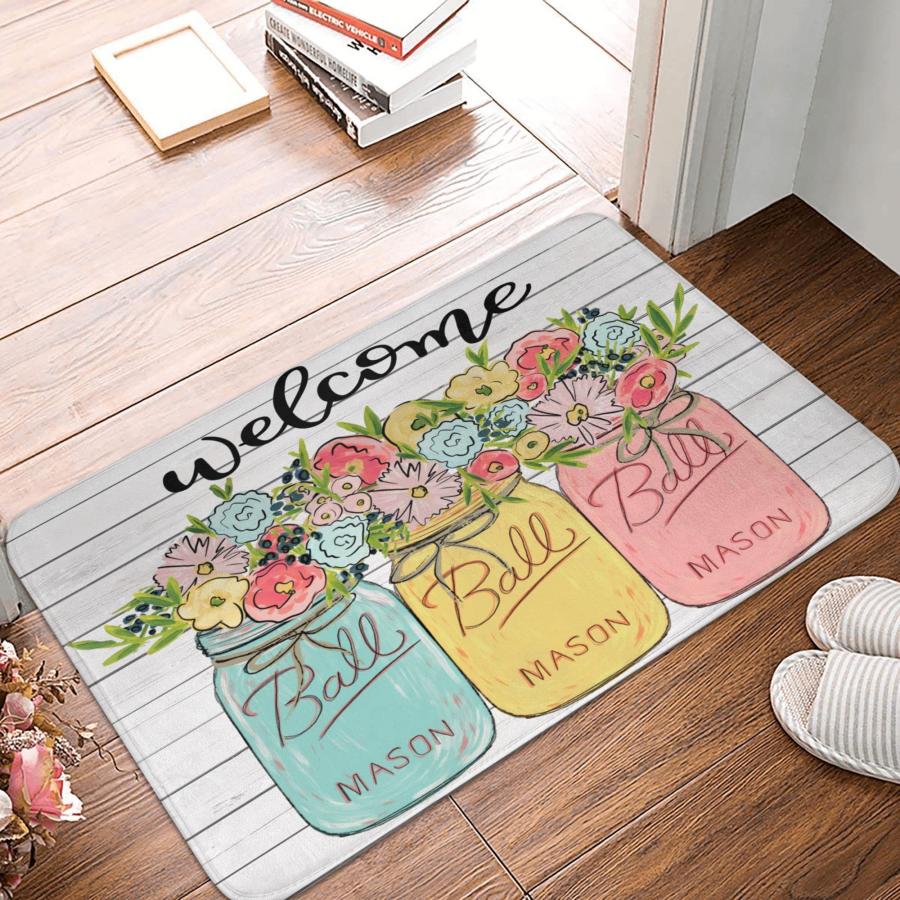 【並行輸入品】Welcome Door Mats Floral Mason Jar Spring Rugs Rug Carpets Bathrの画像