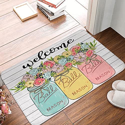【並行輸入品】Welcome Door Mats Floral Mason Jar Spring Rugs Rug Carpets Bathrの画像