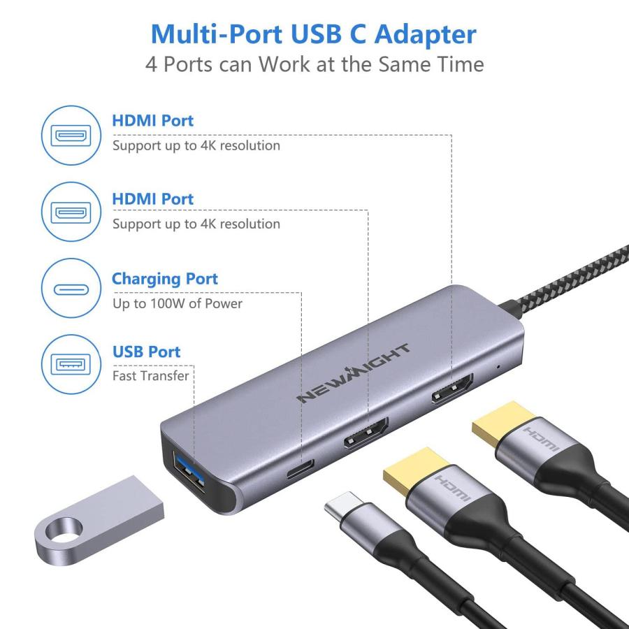 Newmight デュアルモニター用HDMIアダプター 4イン1 USB C   デュアルHDMIアダプター 100W電源供給 U 並行輸入品｜import-tabaido｜04