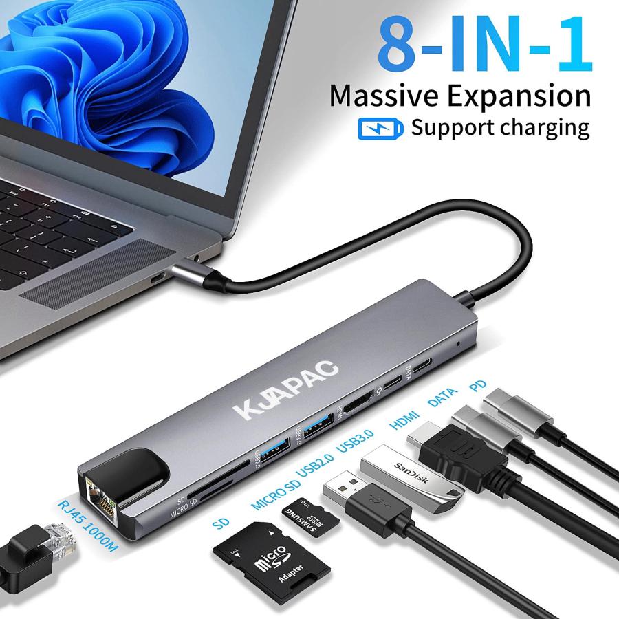 売筋 KJAPAC USB Cハブ 8イン1 USB Cアダプター 4K HDMI PD USB Cポート USB 3.0 RJ45イー 並行輸入品